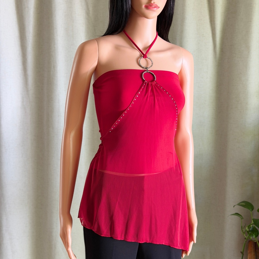 Vtg Y2K Red Rhinestone O-Ring Halter Top Asymmetrical Handkerchief Hem McBling S